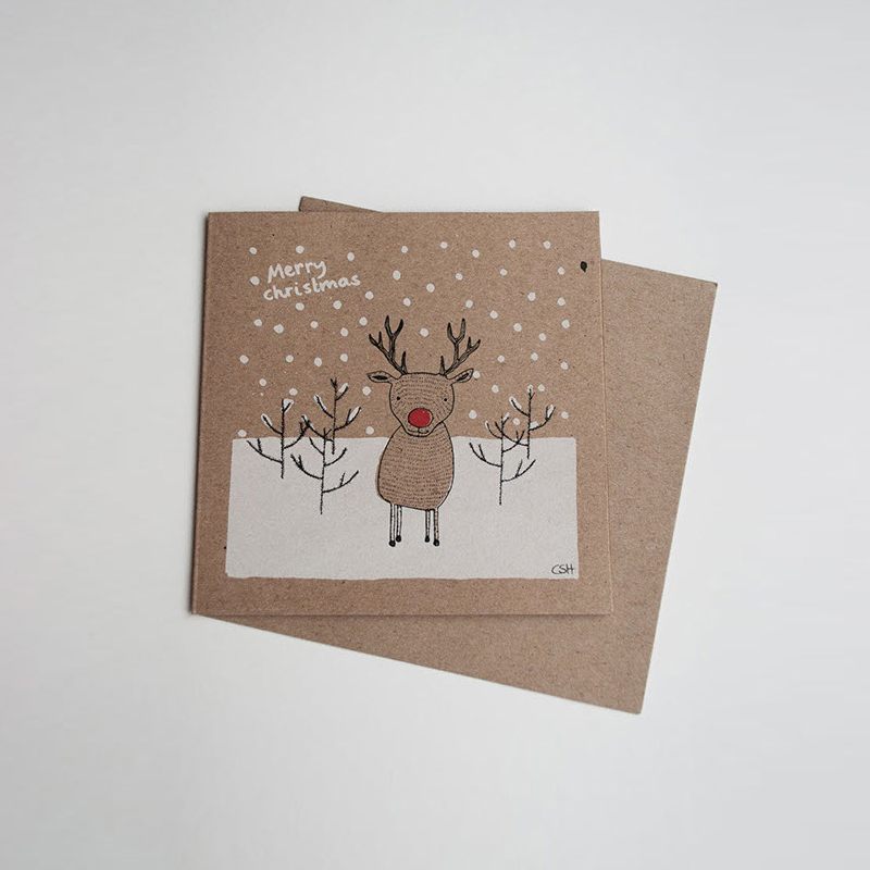 Christmas packaging design inspiration, recycled paper Christmas cards with hand-drawn reindeer.