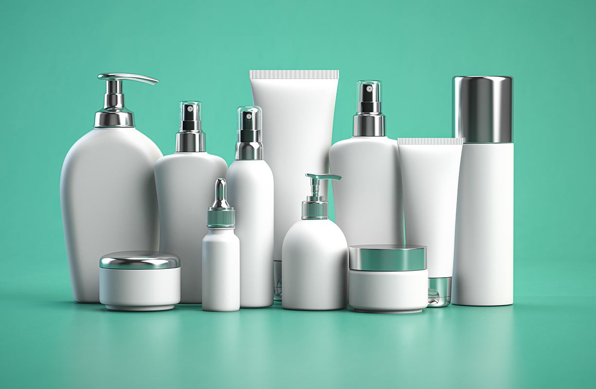 Blank cosmetics bottles and jars of various shapes and sizes.