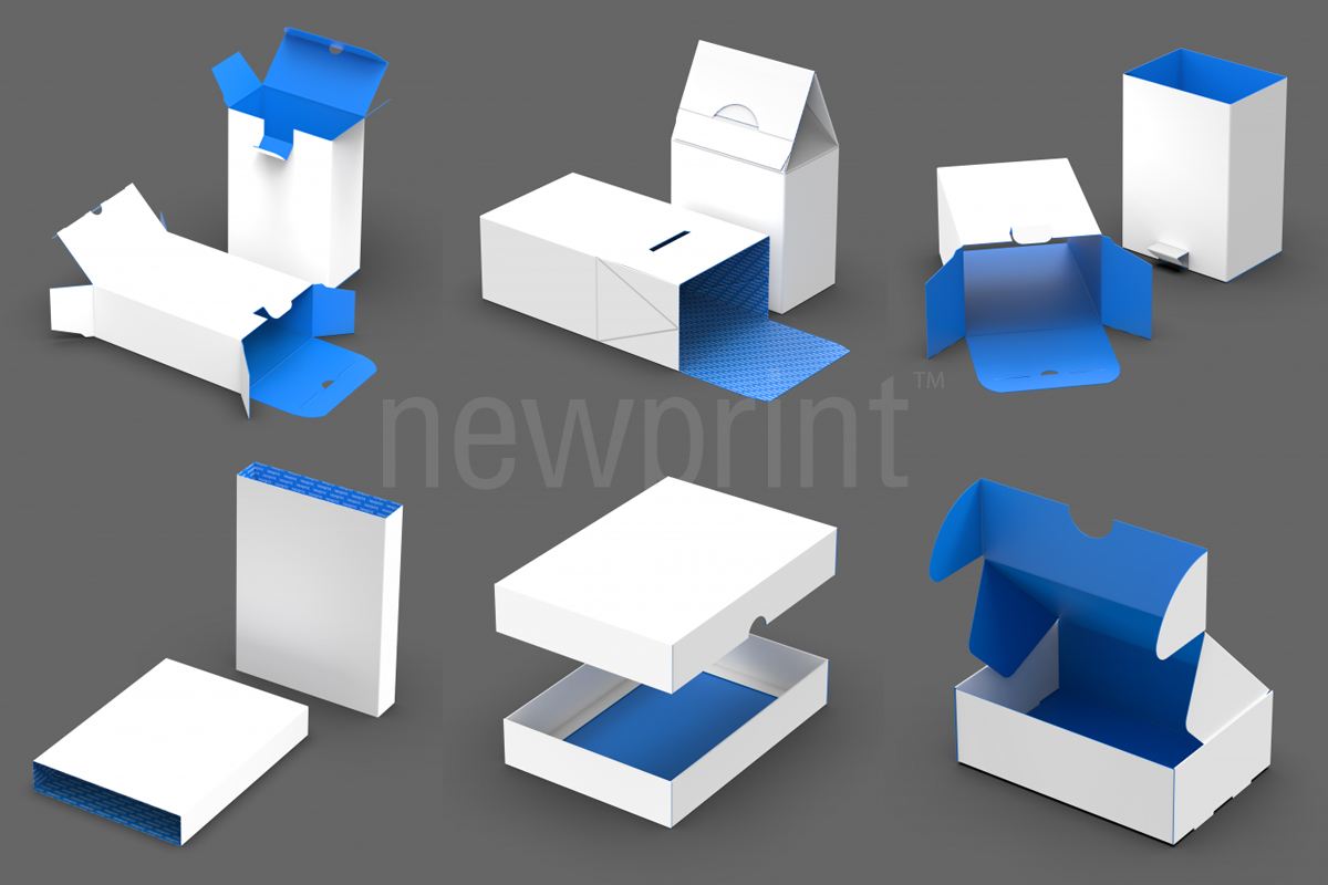 3D models of six different types of paperboard boxes.