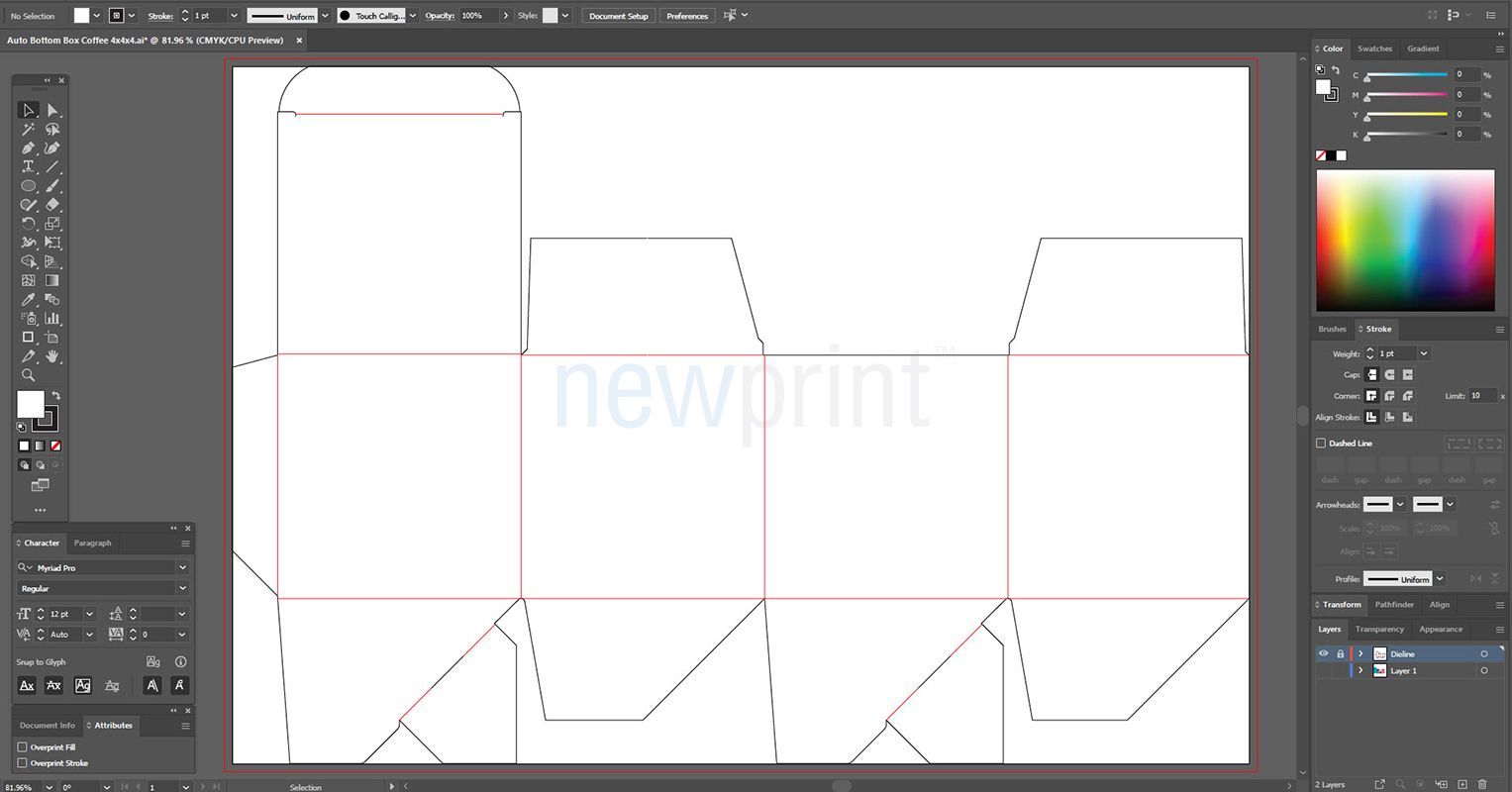 Screenshot of Adobe Illustrator interface with an opened file that shows a box dieline.