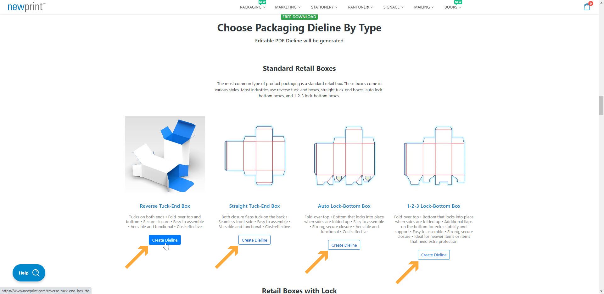 Screenshot of the packaging box dieline generator landing page showing the choice of box types.