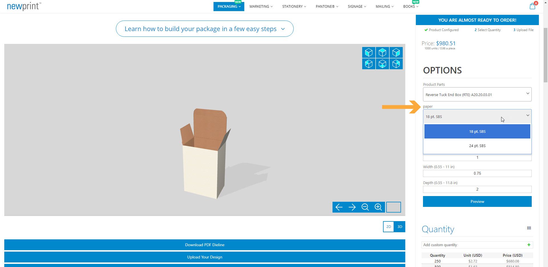 Screenshot of the packaging box product page showing where to choose paperboard type.
