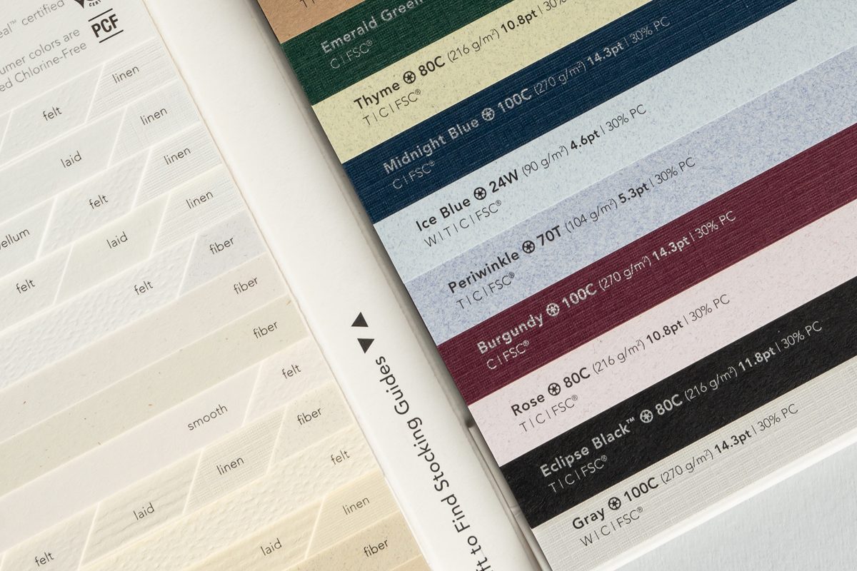 Closeup of paper options for custom packaging solutions.