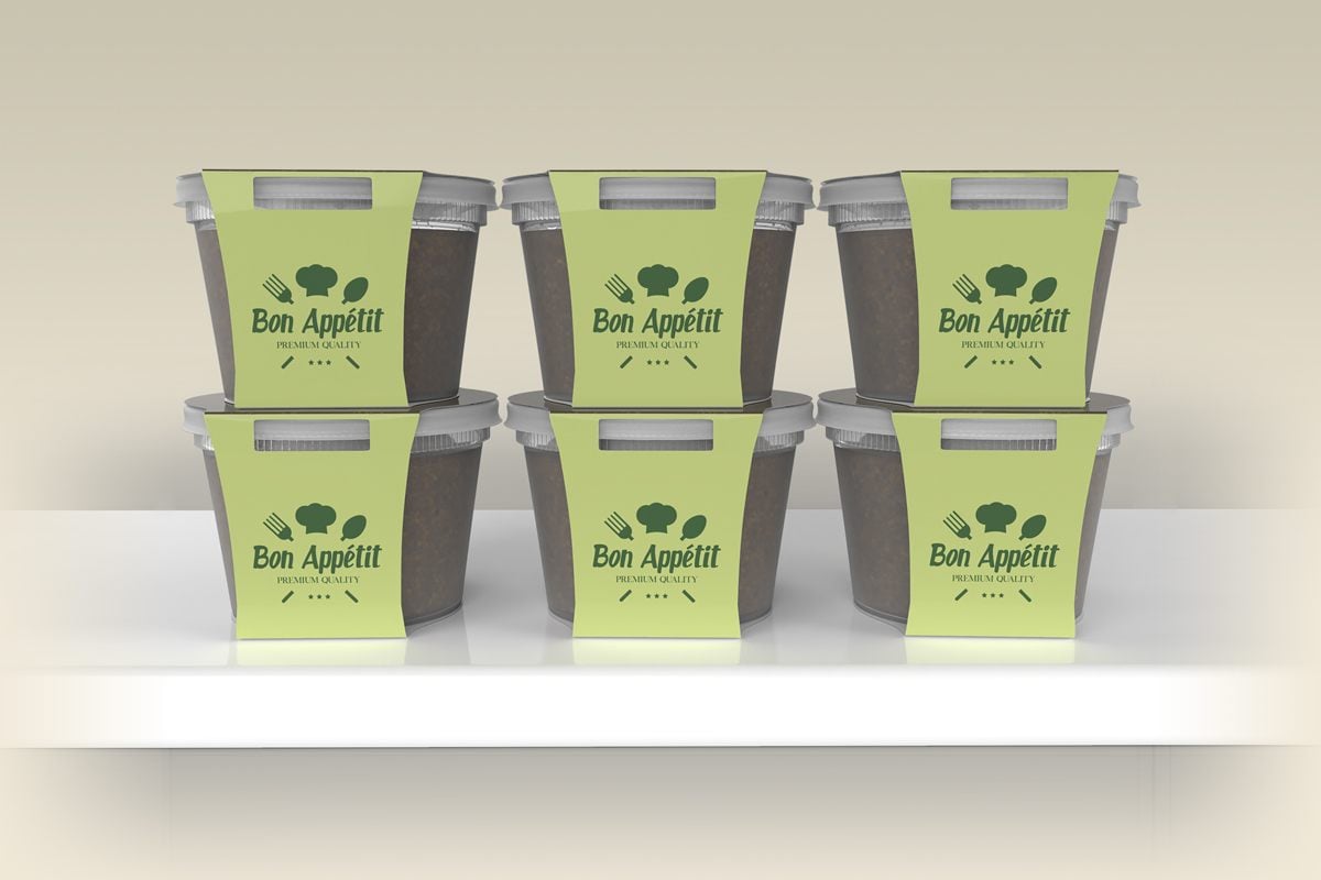 Image showing six containers with Food Container Sleeves on them.