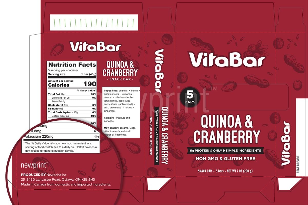 FDA food packaging regulation -Two boxes next to each other showing the front and the back side of energy bar with a zoomed-in detail showing manufacturer information.