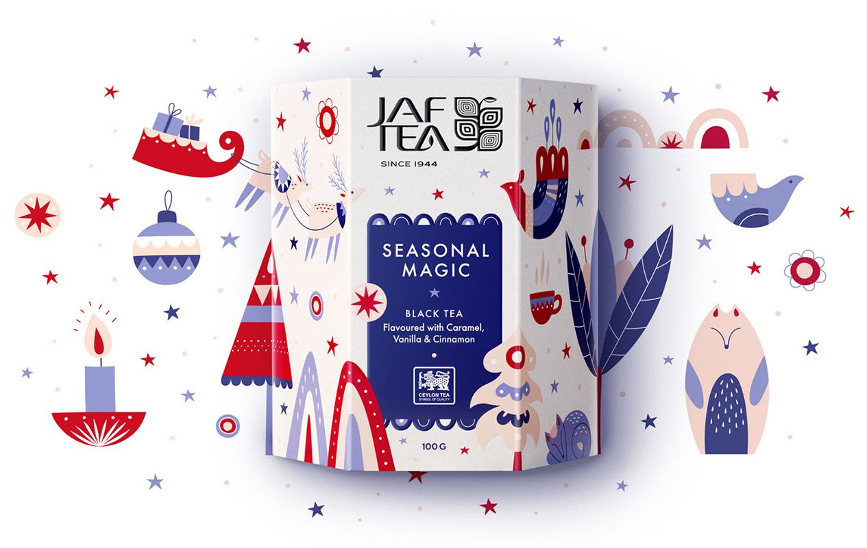 Tea packaging box with holiday-themed design.> <figcaption class=