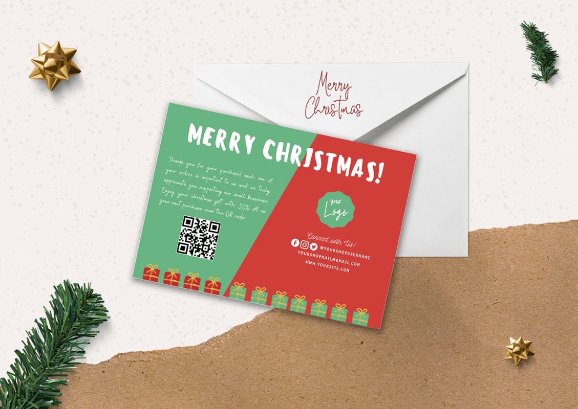 Christmas card and envelope on a flat surface.