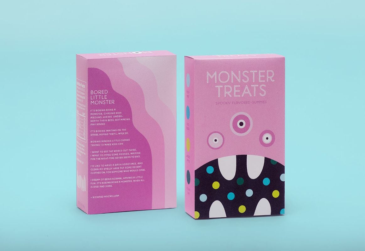 Cute pink Halloween candy packaging of monster treats.