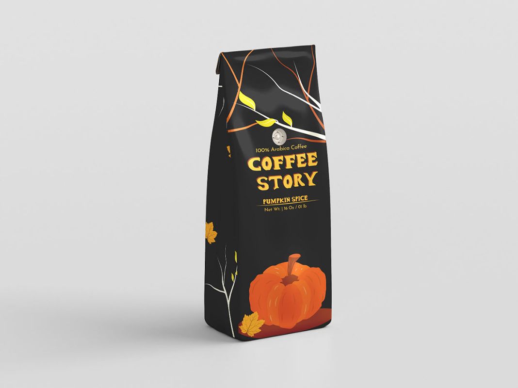 Halloween coffee packaging bag with fall leaves, pumpkin and tree branches.