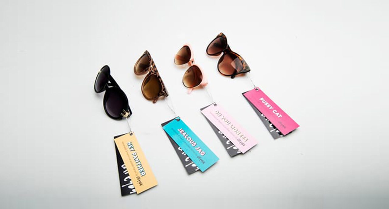 For different colored hang tag examples for sunglasses brand.