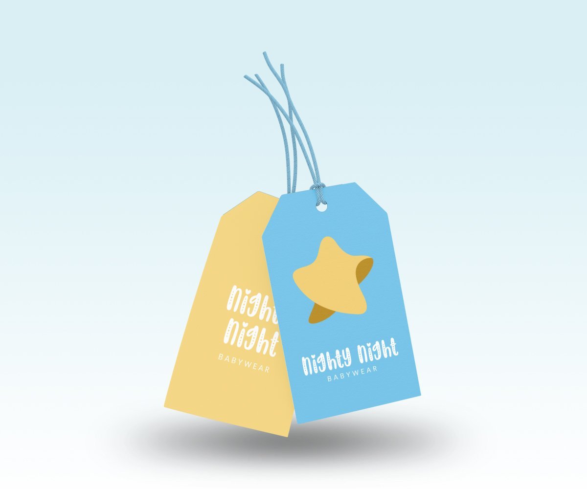 Two custom printed hang tags, yellow and blue.