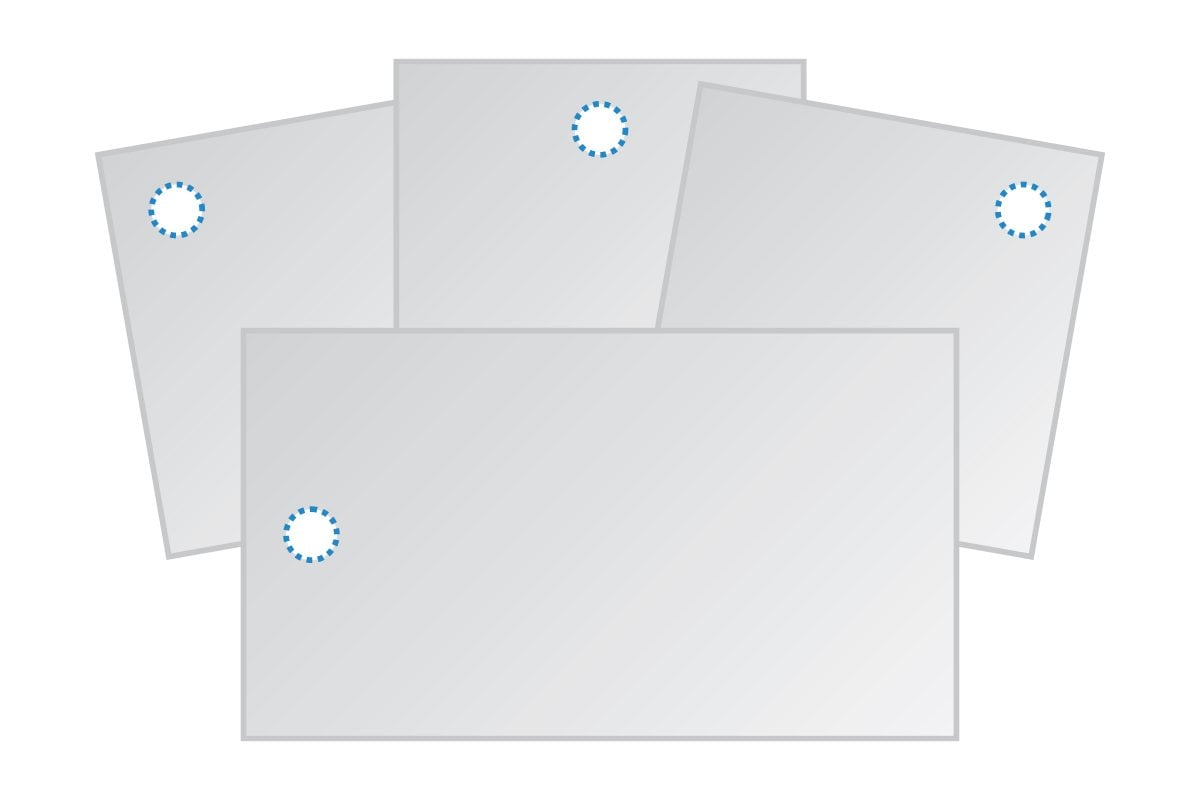 Ilustration of four rectangle and square custom printed hang tags showing different drill hole positions. 