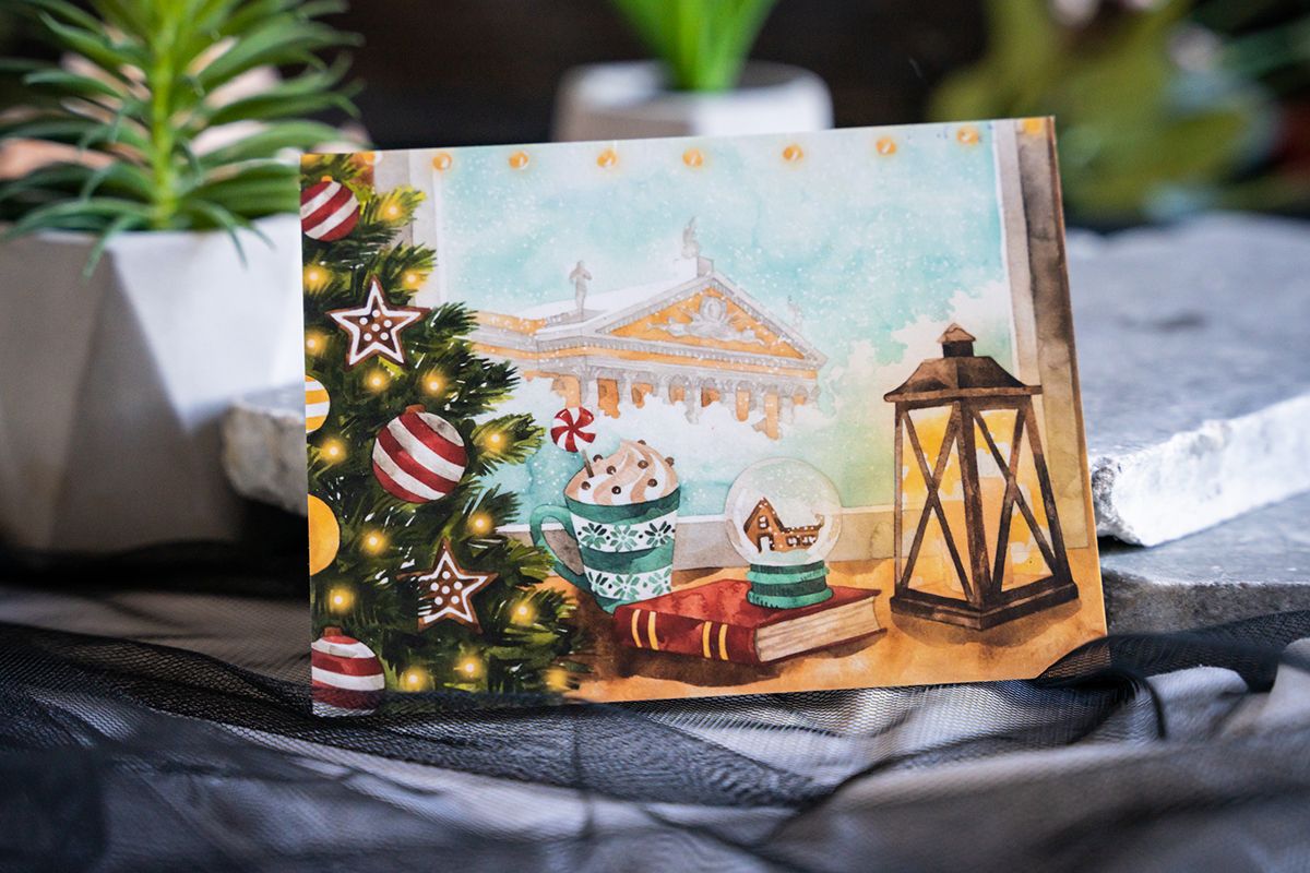 Holiday card with a painting-style illustration applied, holiday card design inspiration.