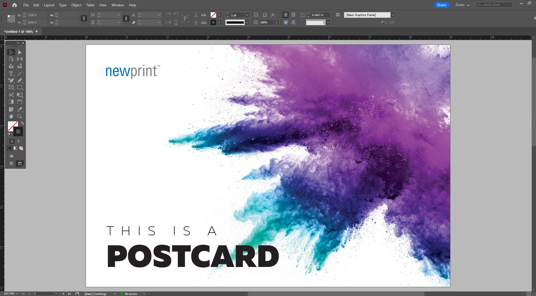 Screen shot of Adobe InDesign workspace showing a document with a postcard design applied.