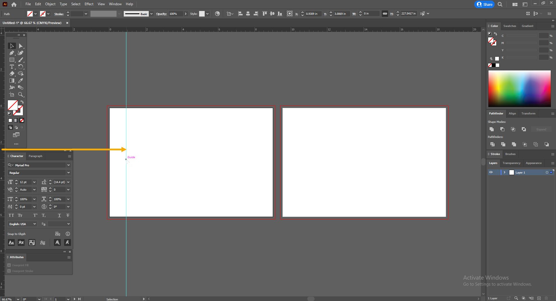Screenshot of Adobe Illustrator workspace with two open artboards showing how to drag guidelines to set up a print file correctly.