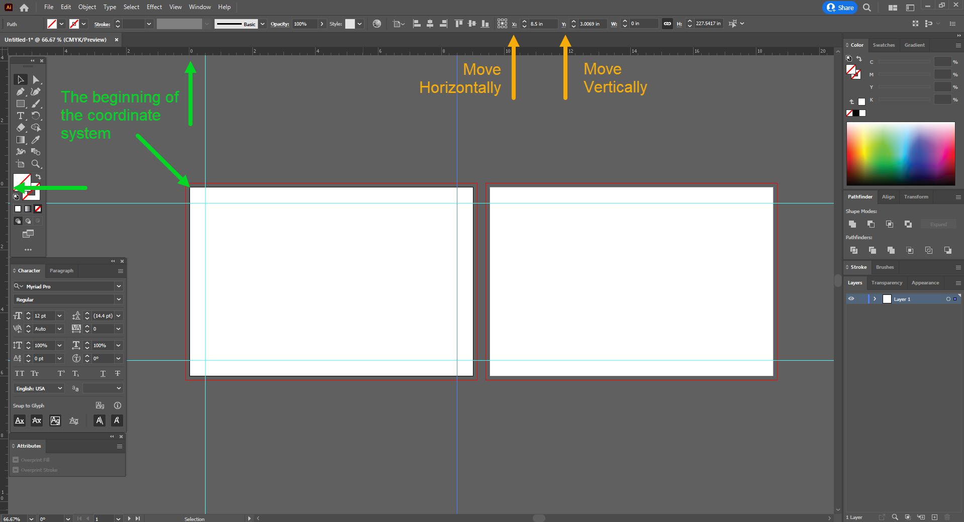 Screenshot of Adobe Illustrator workspace with two artboards showing how to move guidelines and indicating the coordinate system in order to set up a print file.