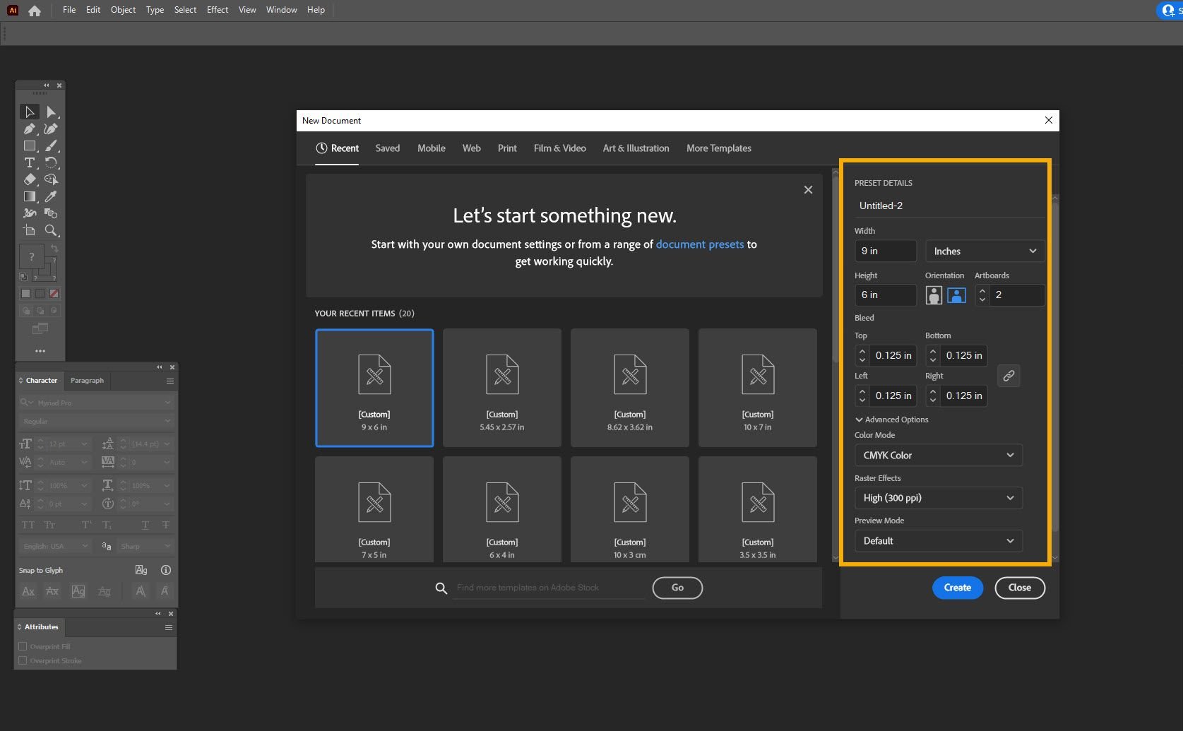 Screenshot of New File dialog box in Adobe Illustrator showing how to set up a print file correctly.