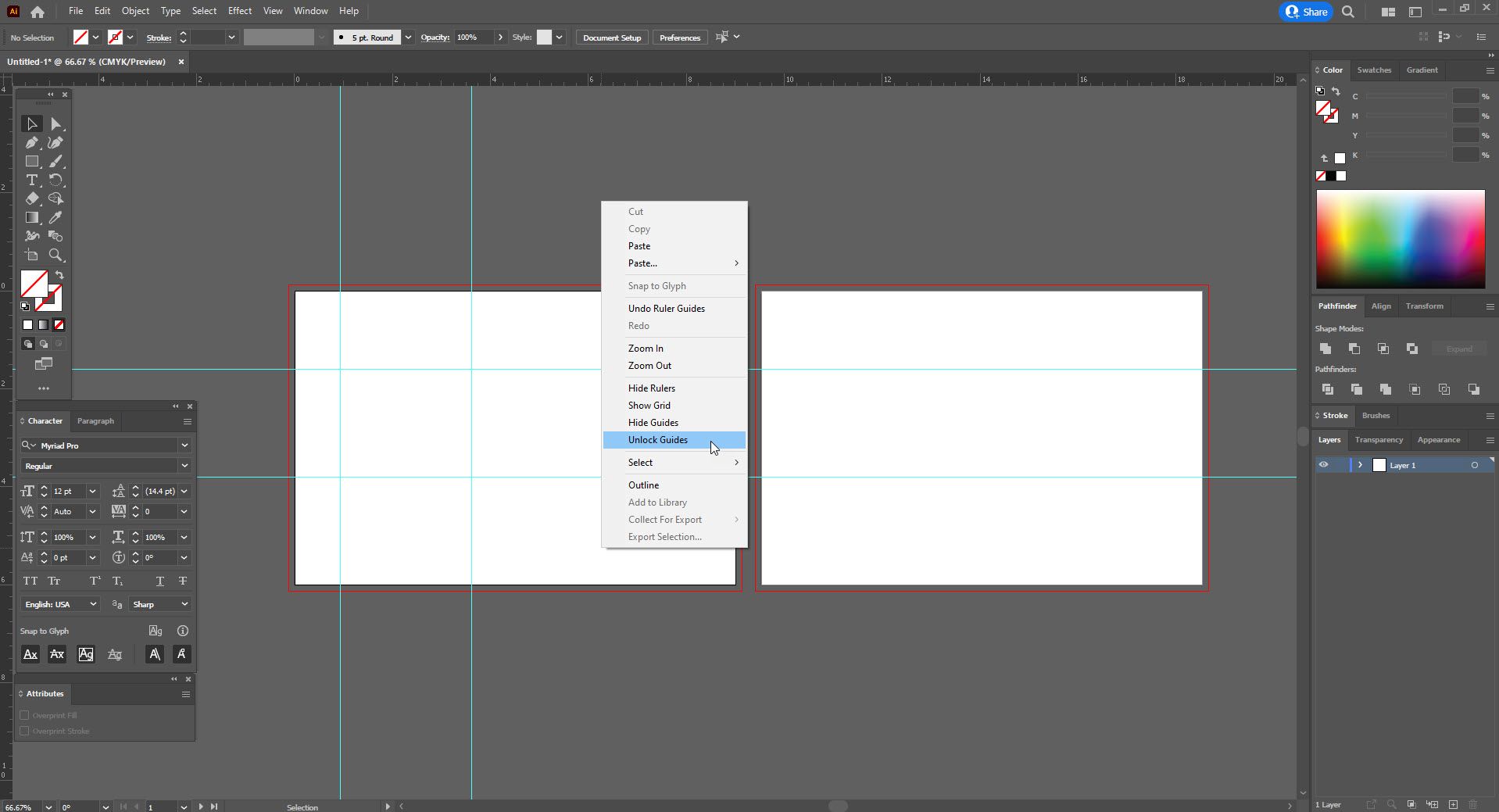 Screenshot of Adobe Illustrator workspace with two open artboards showing how to lock guides to set up a print file correctly.