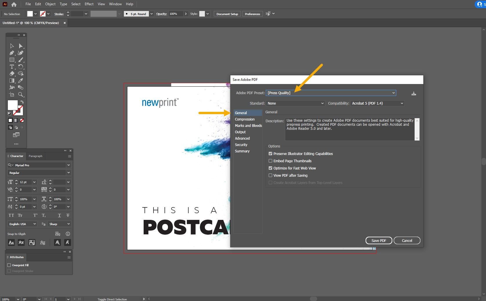 Screenshot of PDF export dialog box in Adobe InDesign showing the right settings for saving a print file.