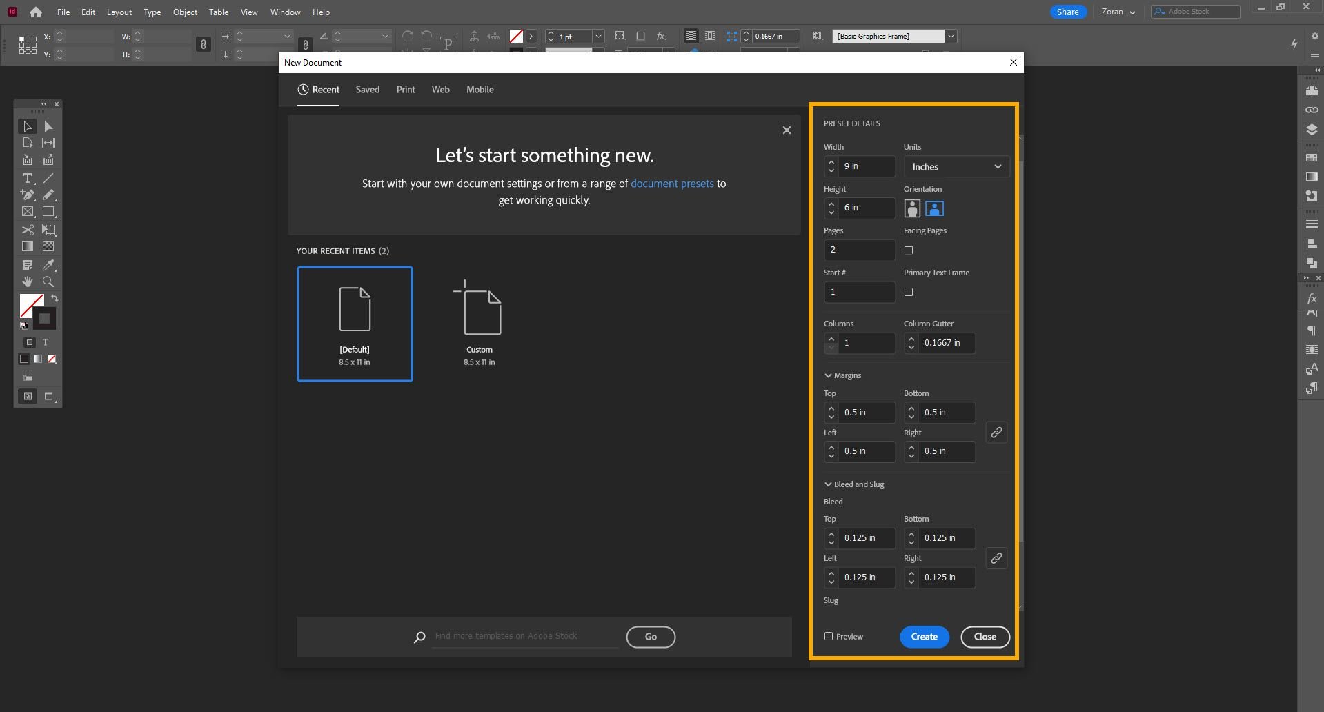 Screenshot of a New File dialog box in Adobe InDesign showing the correct settings in order to create a print file.