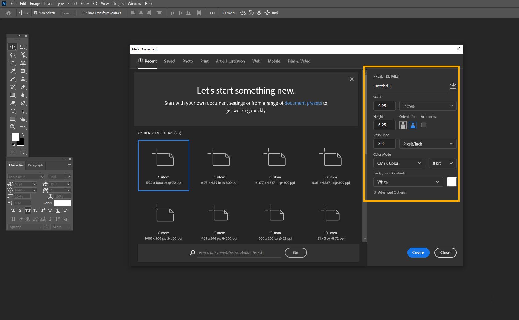 Screenshot of a New File dialog box in Adobe Photoshop showing the settings for creating a print file.