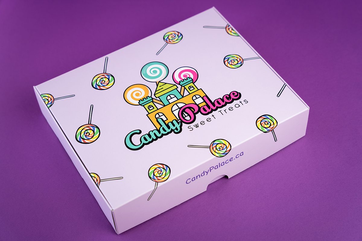 Roll End Tuck Front box with light purple design with lollypops.