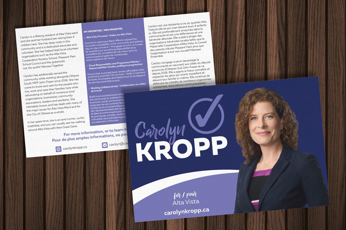 Front and back side of a candidate card for a municipal elections Canada 2022 candidate.