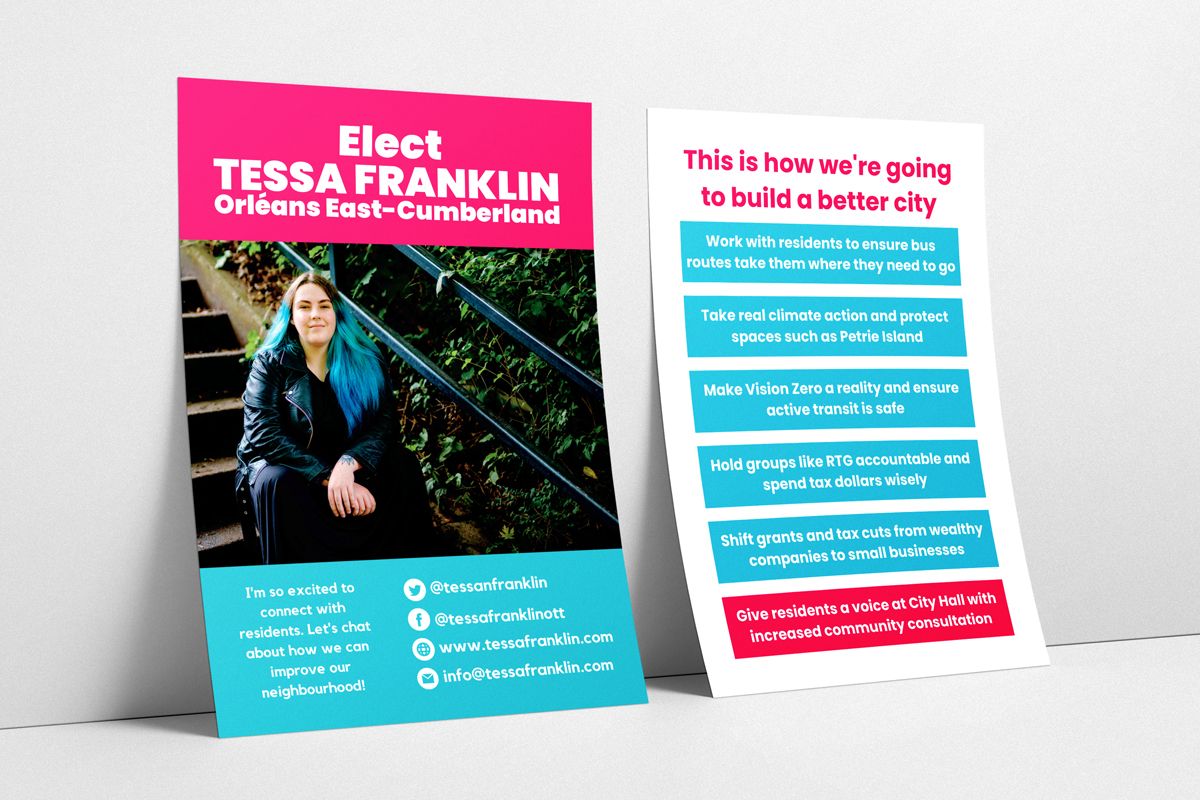 Front and back side of a flyer for a municipal elections candidate.