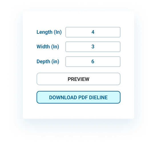 Defining the box's length, width, and depth with a button for downloading dieline in PDF file format.