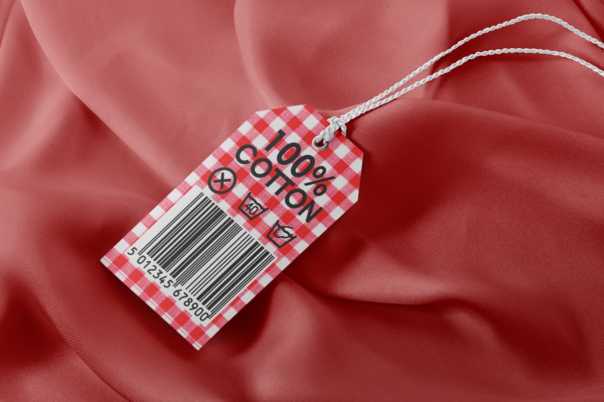 Diamond-shaped hang tag on a red dress