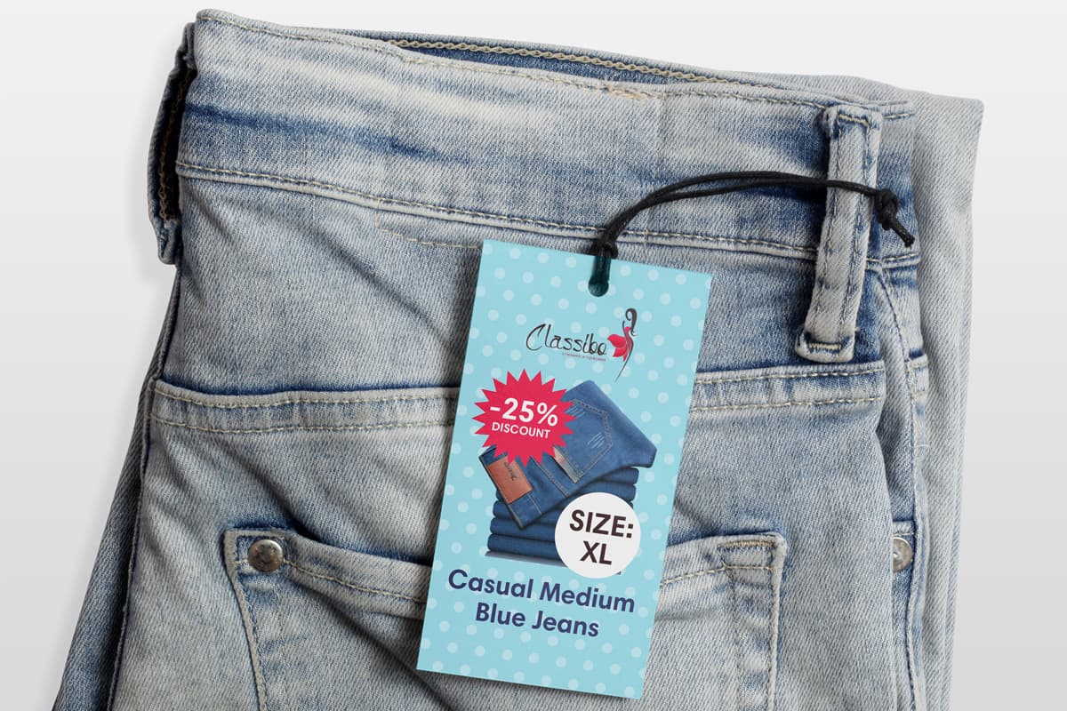Rectangular hang tag on blue jeans