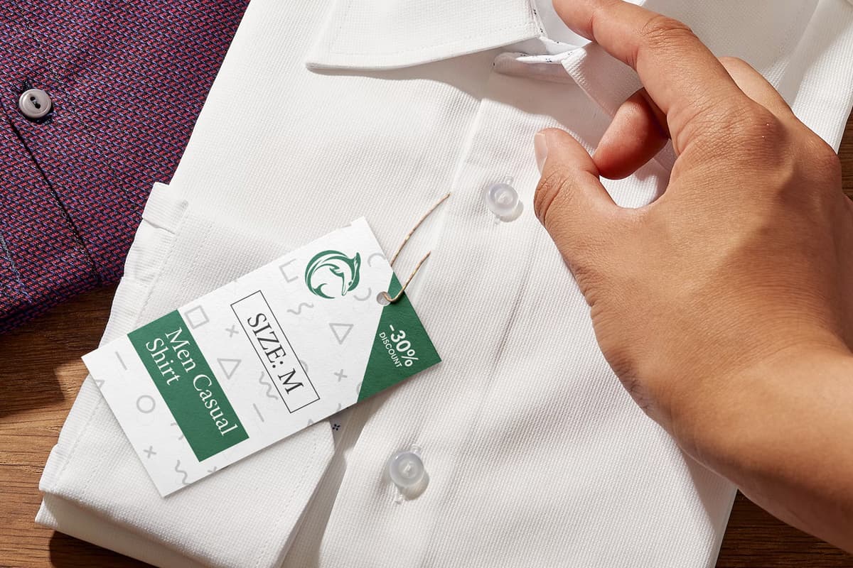 Rectangular hang tag on a white shirt