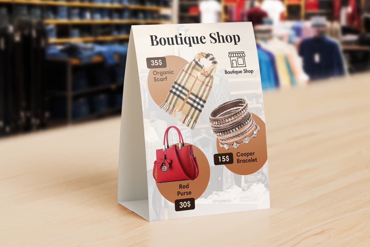 Table tent card design with the boutique shop theme.