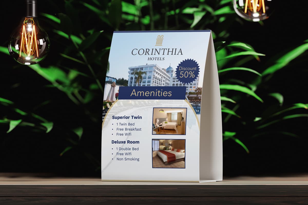 Table tent card with the hotel theme design.