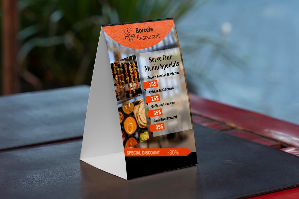 Table tent card with the restaurant theme design.