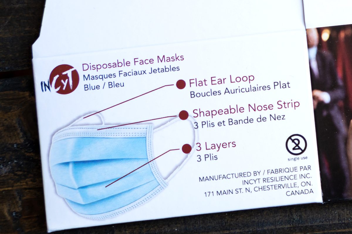 Custom pharmaceutical packaging for disposable face masks.