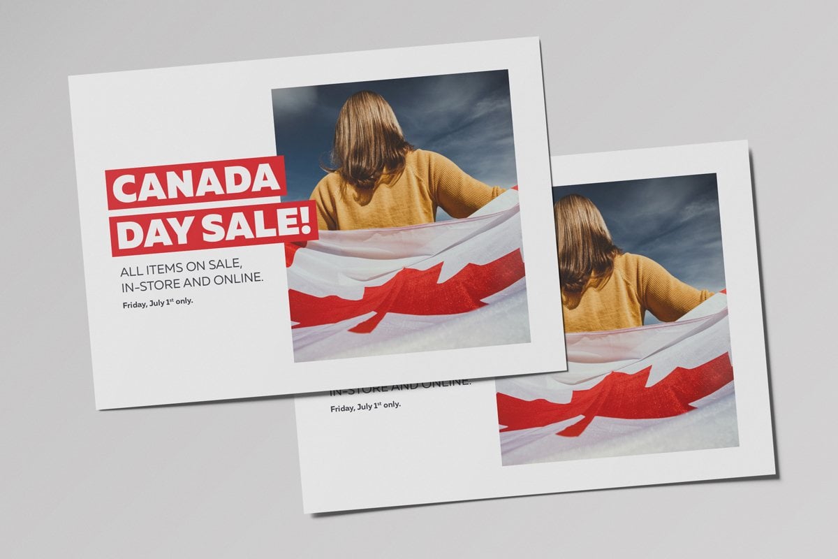 Image showing two postcards promoting Canada Day Sale on top of each other.