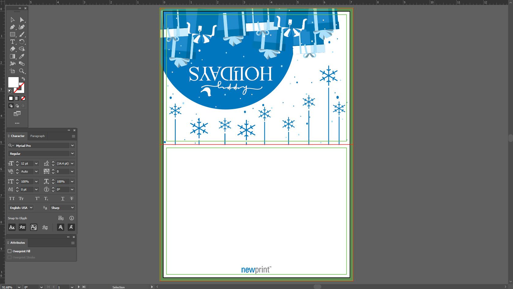 A screen shot of a greeting card design in Adobe Illustrator using Newprint's print template.