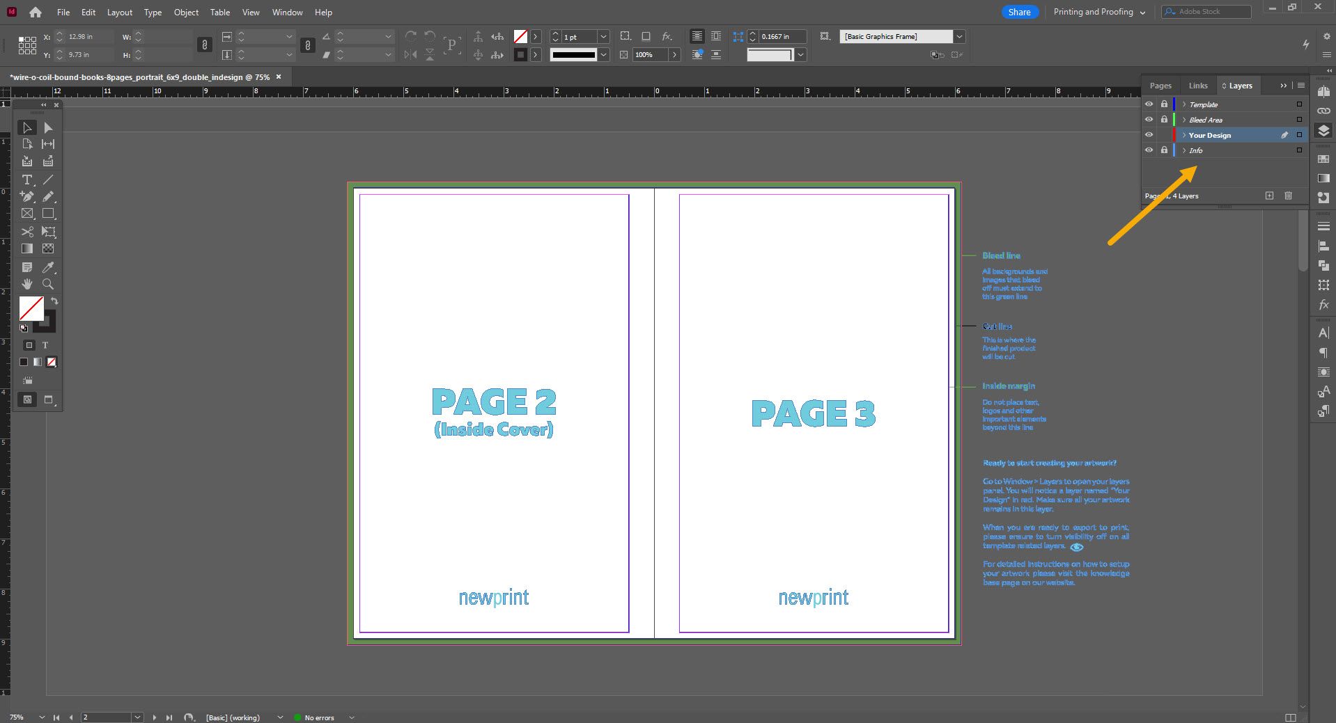 A screen shot of an Adobe InDesign print template for books.