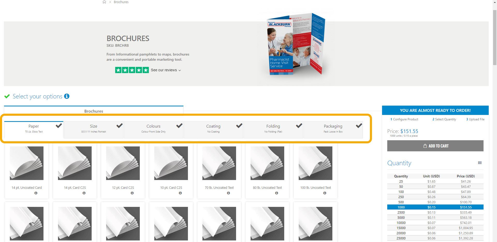 A screen shot of a product page on Newprint's website showing the available product options.