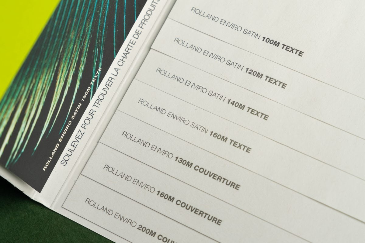 Printing paper options - closeup of a sample book for text and cover papers.