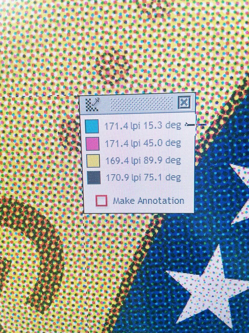 Spot color vs CMYK, a screen shot of zoomed in CMYK halftone pattern.
