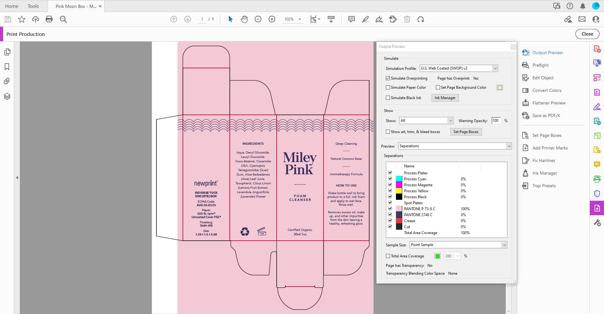 A screen shot of a box design in Adobe Acrobat showing the spot colors used for the design, spot color vs CMYK.