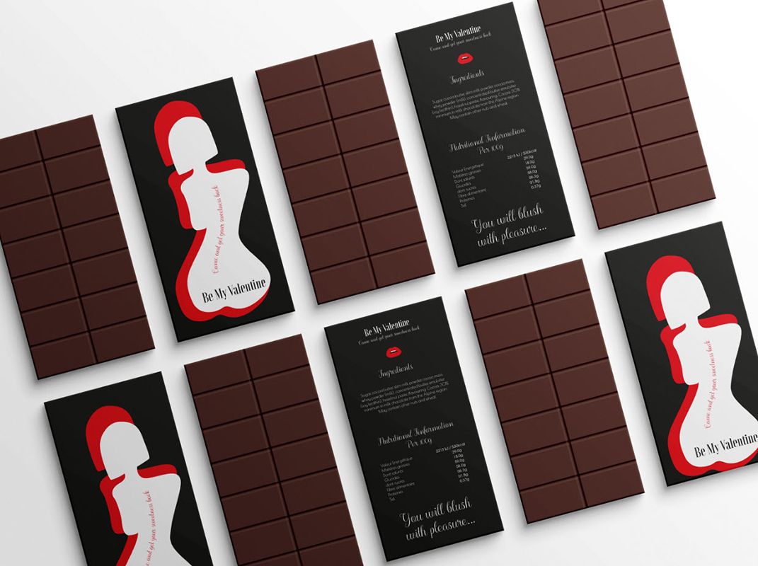Valentine’s Day packaging for a chocolate bar, ten chocolate bars next to each other with and without the packaging. The design has a woman silhouette and words “be my Valentine”.